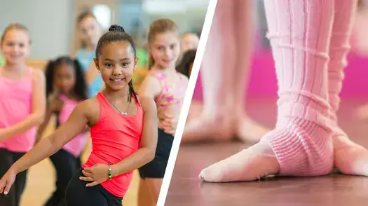 Links: Kinder 6 bis 11 Jahre tanzend im Jazz Dance Kurs, rechts: Nahaufnahme Füße einer kleinen Balletttänzerin