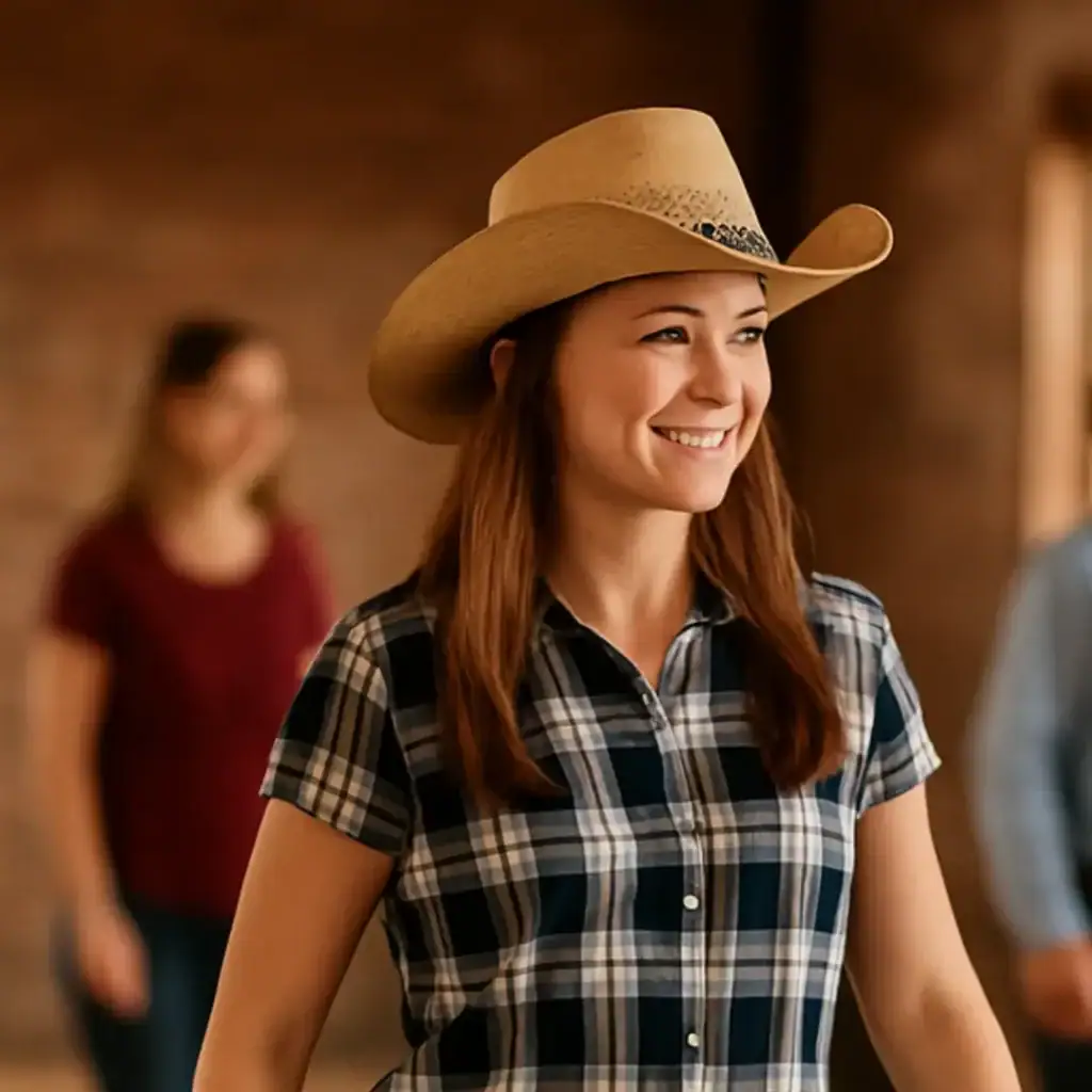 lachende Frau mit Cowboy-Hut tanzt mit Gruppe - Symbolbild für Line Dance Kurse in Erding
