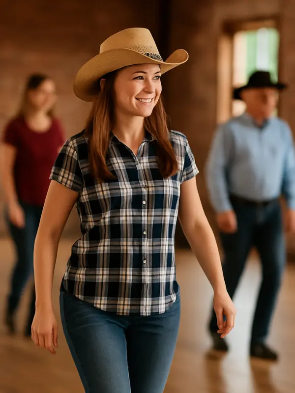 lachende Frau mit Cowboy-Hut tanzt mit Gruppe - Symbolbild für Line Dance Kurse in Erding