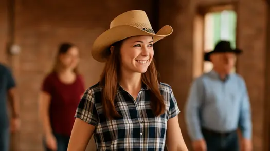 lachende Line Dancerin mit Cowboyhut imKurs - Symbolbild für Line Dance Kurse