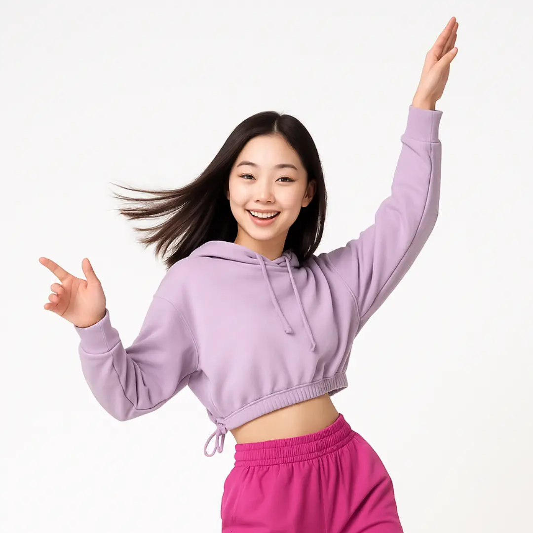 Junges Mädchen tanzt K-Pop vor weißem Hintergrund